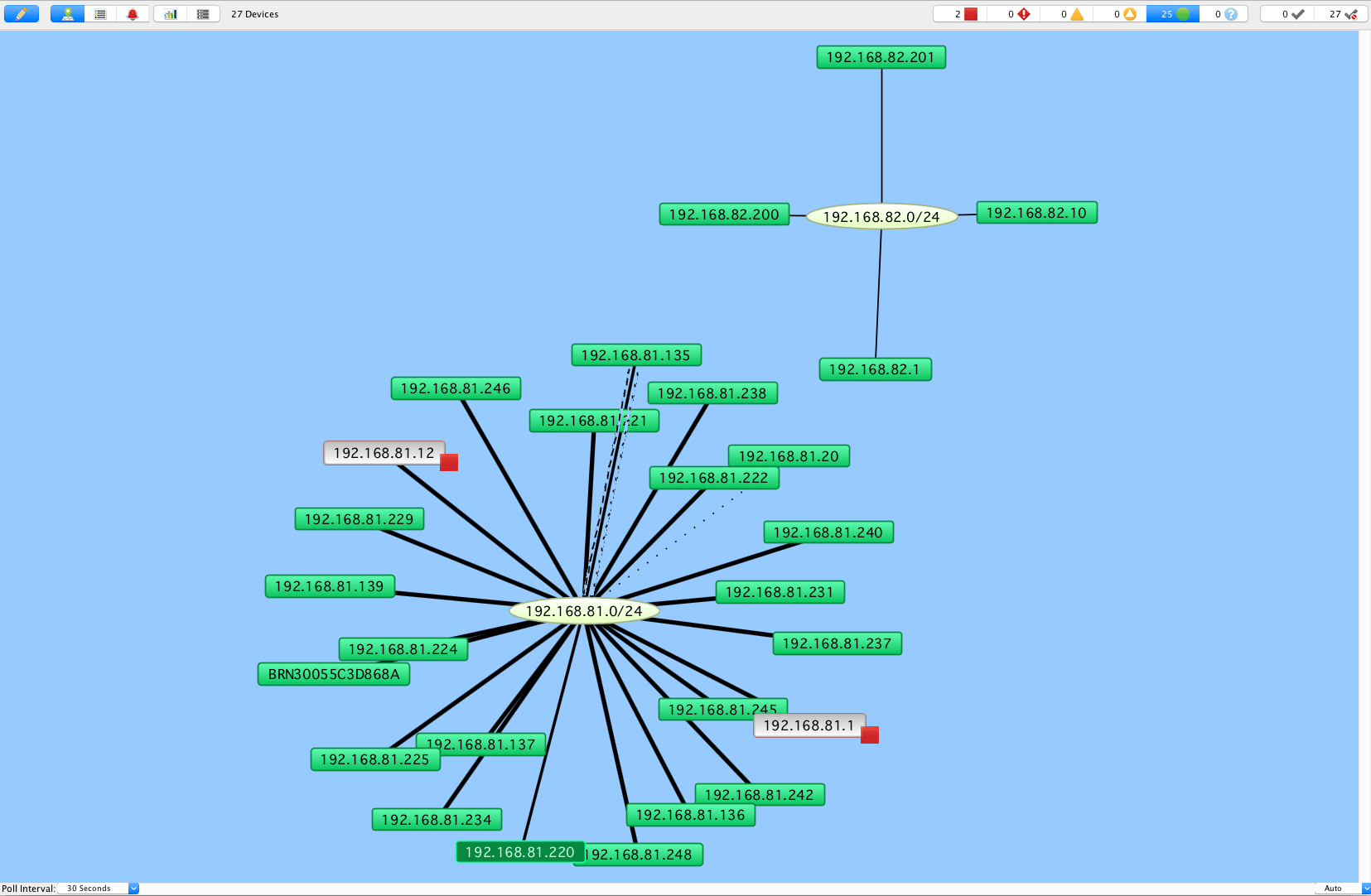 Intermapper présente par défaut l'architecture logique du réseau