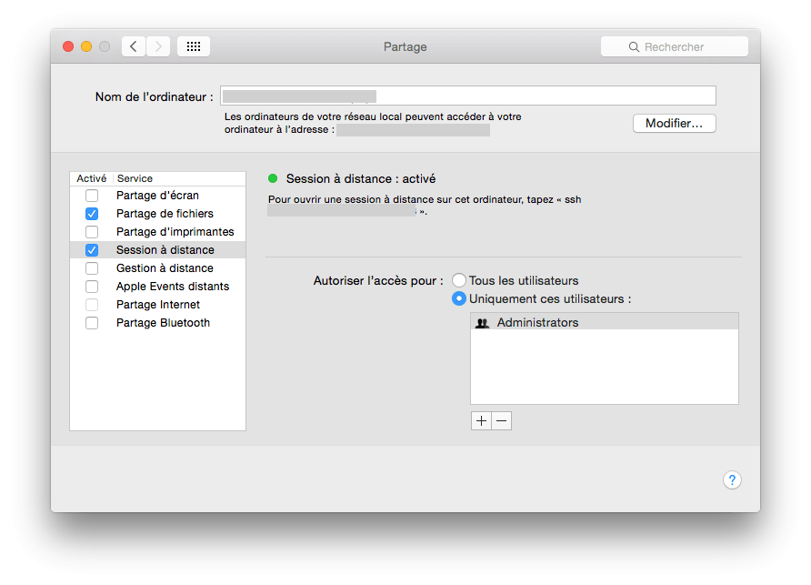 Activer Session à distance sur le Mac (SSH)